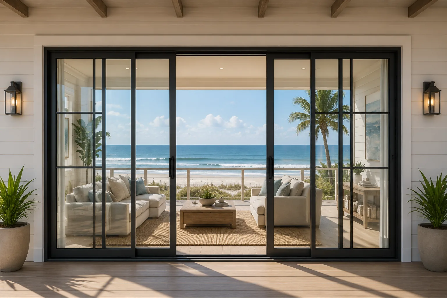 Beachfront home with black-frame sliding glass doors served by Sliding Door Repair Palm Coast
