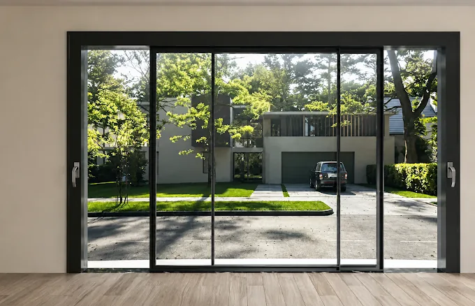 Repaired black-frame sliding glass door gliding open in a Palm Coast home