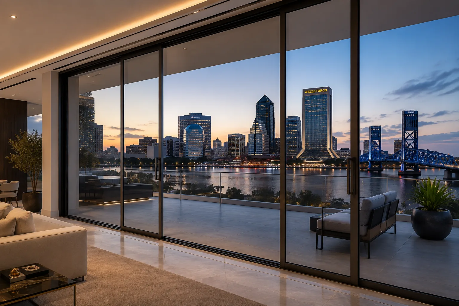 Commercial floor-to-ceiling sliding glass doors at a business with a city view