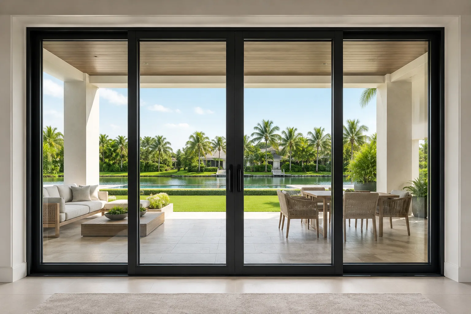 Residential four-panel sliding glass door opening to a Palm Coast pool