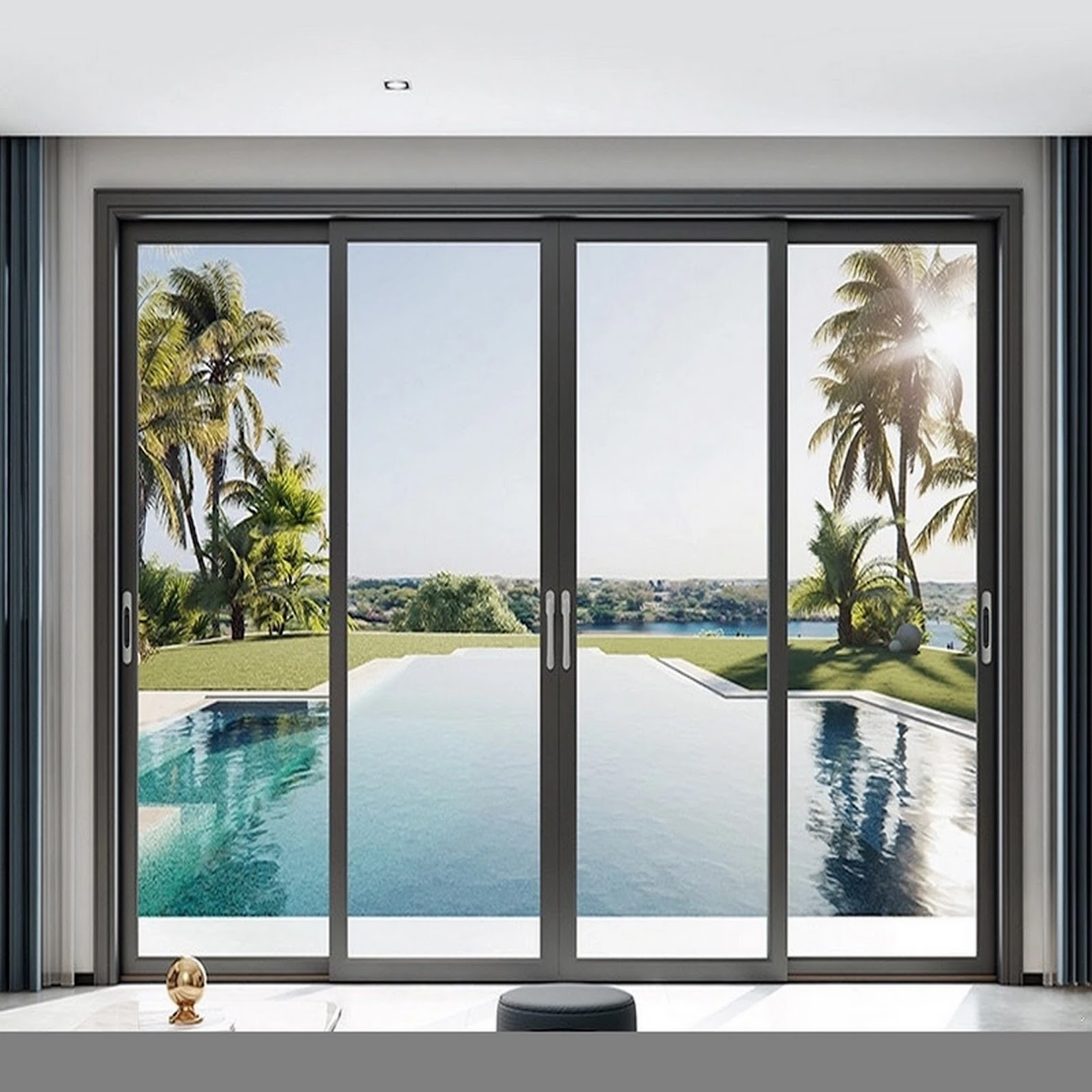 Large white-frame sliding glass doors on Palm Coast pool patio