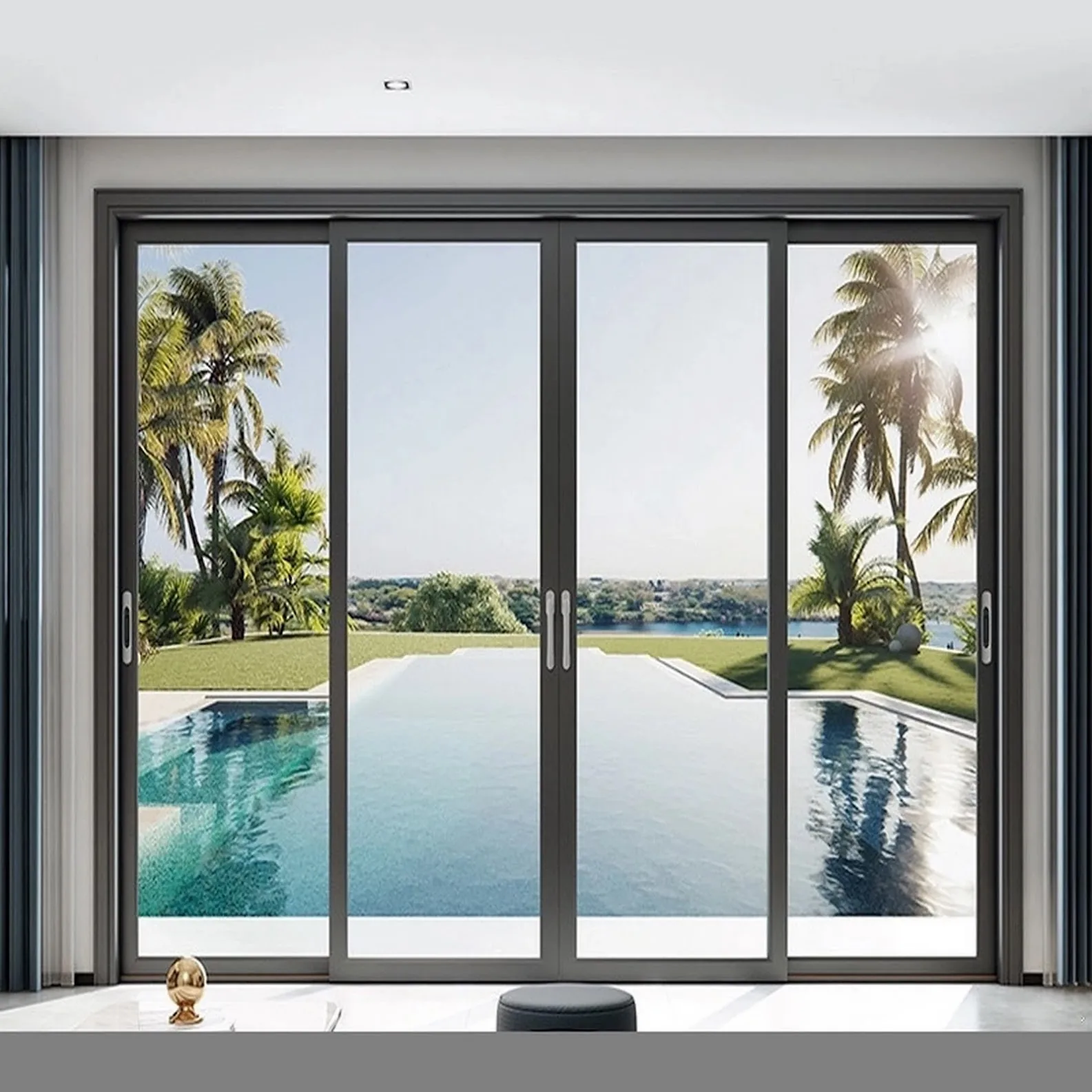 Newly installed four-panel sliding glass door opening to a Florida pool